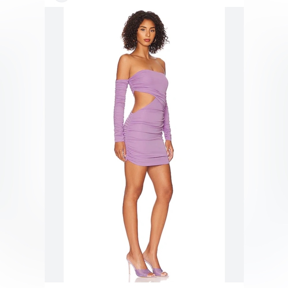 Camila Coelho Lavender Off-Shoulder Cutout Ruched Mini Dress
